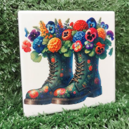Vibrant, Colourful, Garden Boots with Flowers Ceramic Coaster