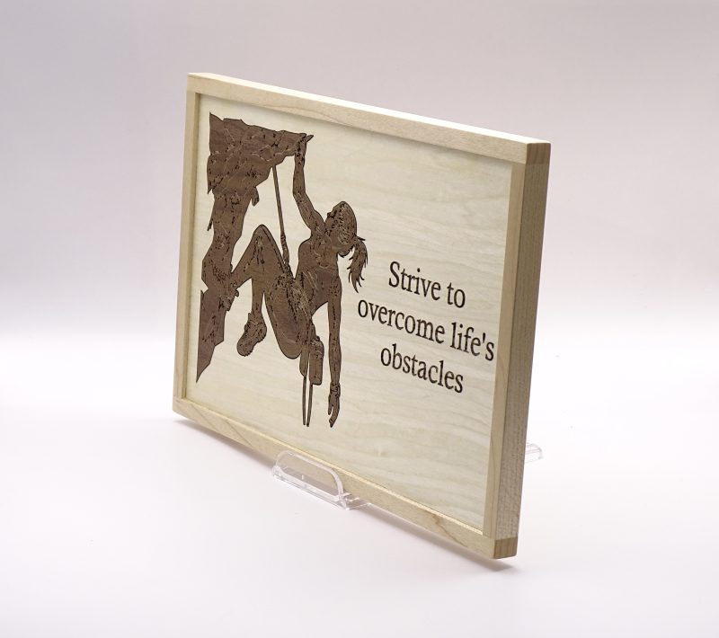 Climber Engraved in Walnut Veneer on Maple, Framed for Hanging