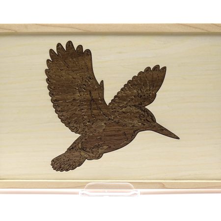 Kingfisher Engraved in Walnut on Maple, Framed for Hanging