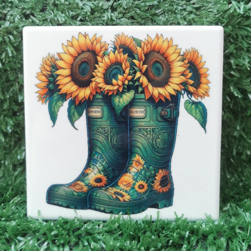 Colourful Flowers in Garden Boots 110z Ceramic Mug & Ceramic Coaster Set