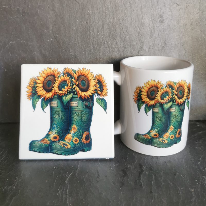 Colourful Flowers in Garden Boots 110z Ceramic Mug & Ceramic Coaster Set