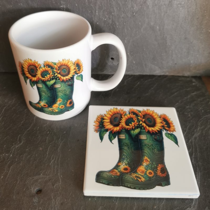 Colourful Flowers in Garden Boots 110z Ceramic Mug & Ceramic Coaster Set