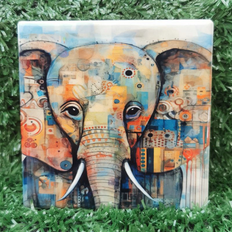 Colourful, Vibrant, Abstract, Art, Elephant Ceramic Coaster 100mm Square