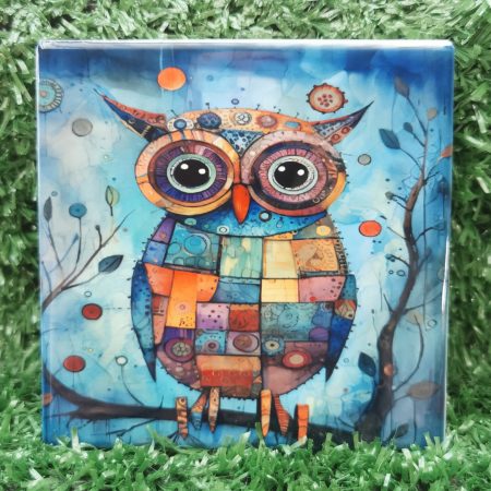 Colourful, Vibrant, Patchwork, Owl Ceramic Coaster 100mm Square