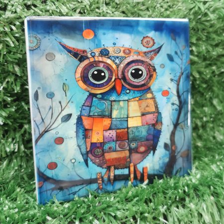 Colourful, Vibrant, Patchwork, Owl Ceramic Coaster 100mm Square