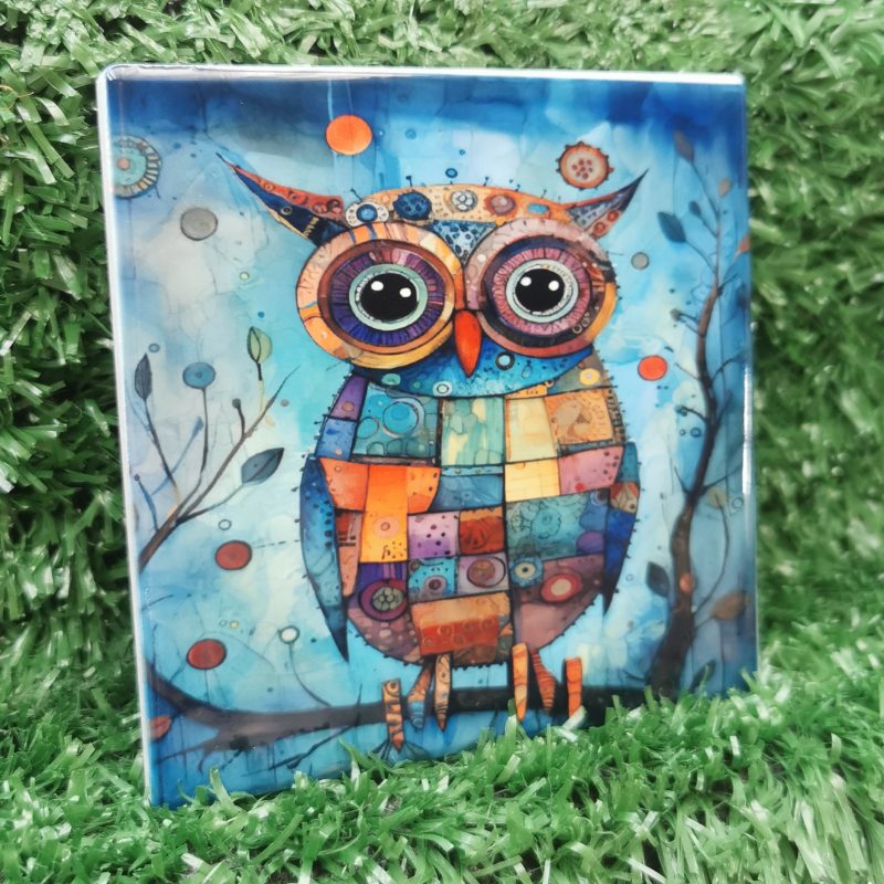 Colourful, Vibrant, Patchwork, Owl Ceramic Coaster 100mm Square