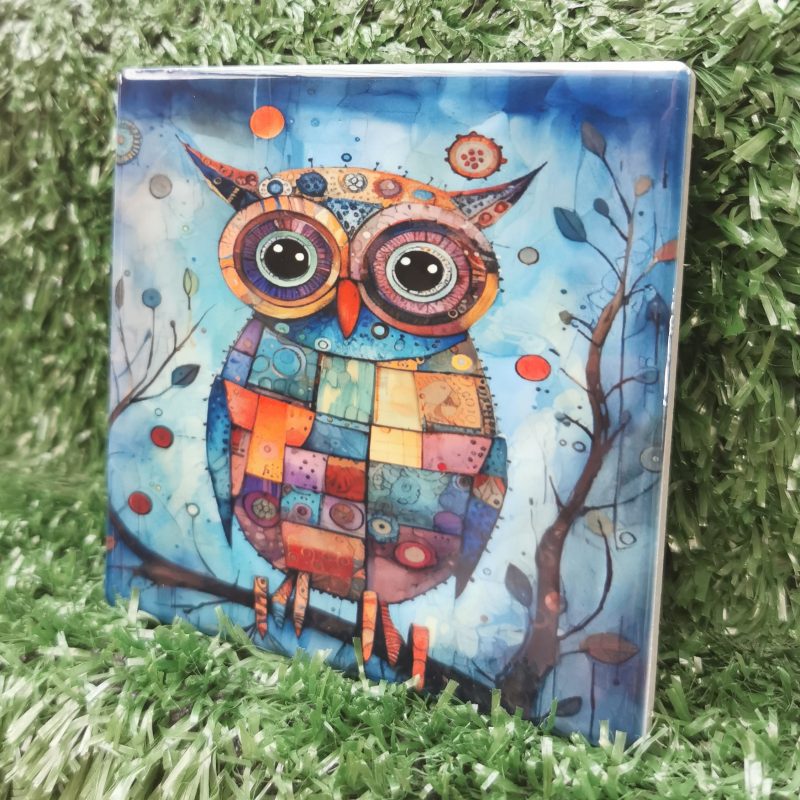 Colourful, Vibrant, Patchwork, Owl Ceramic Coaster 100mm Square