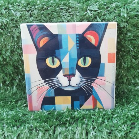 Colourful, Vibrant, Abstract Cat Ceramic Coaster 100mm Square