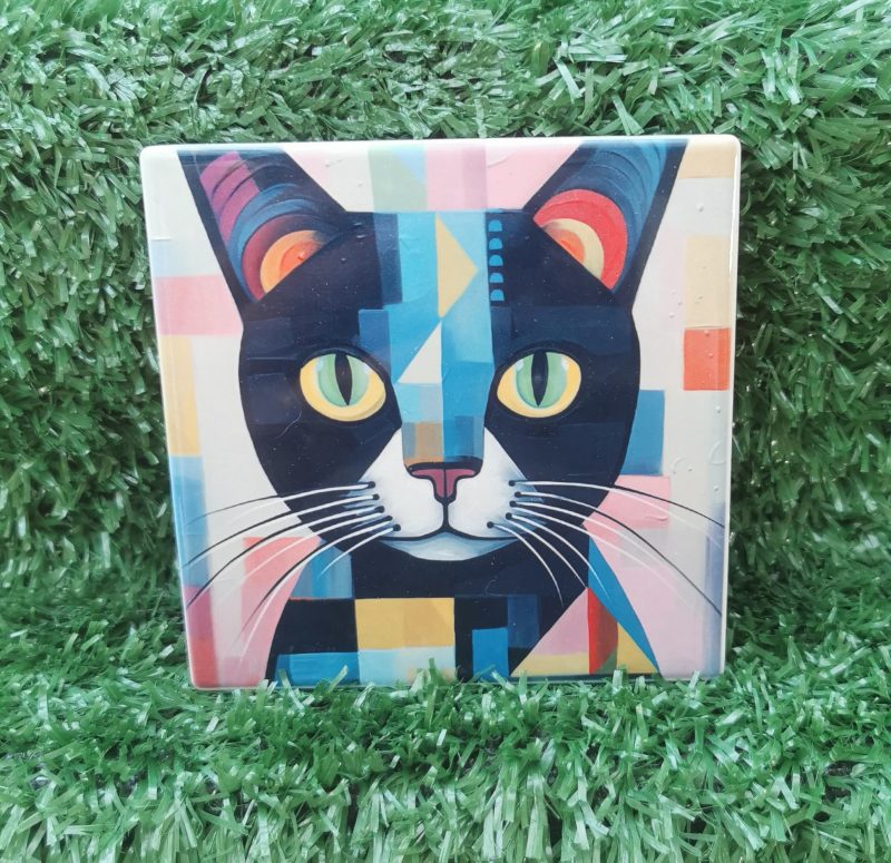 Colourful, Vibrant, Abstract Cat Ceramic Coaster 100mm Square
