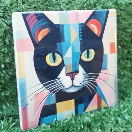 Colourful, Vibrant, Abstract Cat Ceramic Coaster 100mm Square