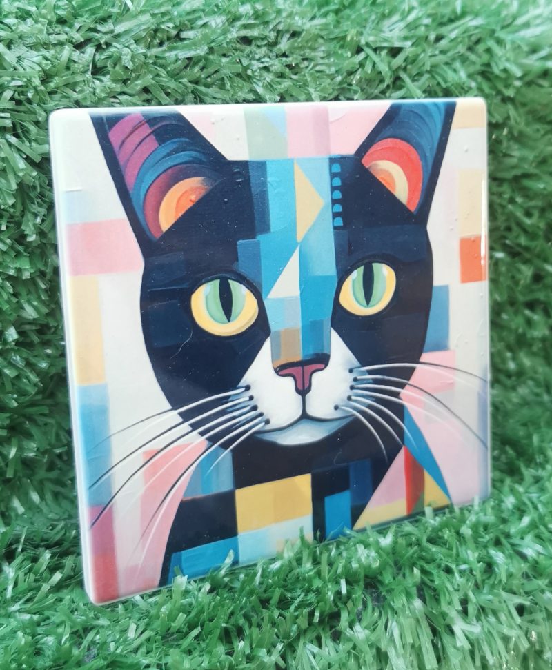 Colourful, Vibrant, Abstract Cat Ceramic Coaster 100mm Square
