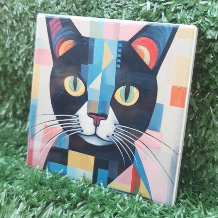 Colourful, Vibrant, Abstract Cat Ceramic Coaster 100mm Square