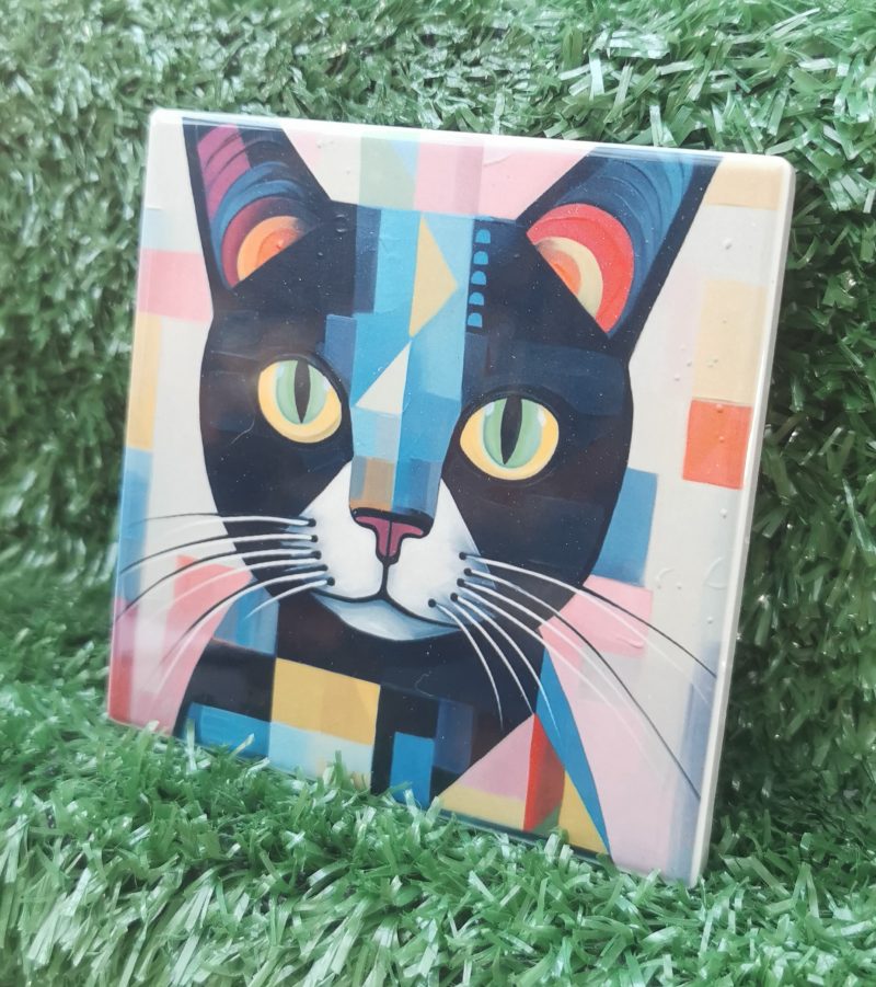 Colourful, Vibrant, Abstract Cat Ceramic Coaster 100mm Square