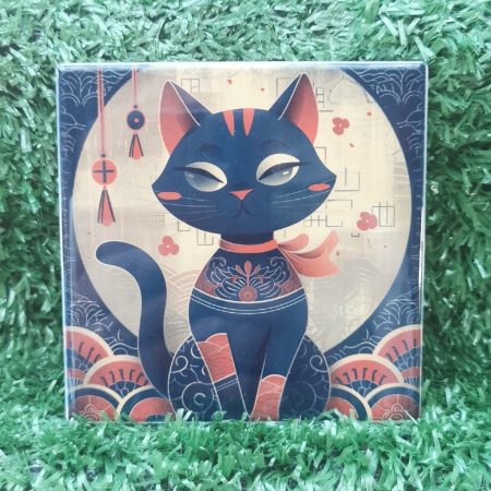 Colourful, Vibrant, Oriental Cat Ceramic Coaster 100mm Square