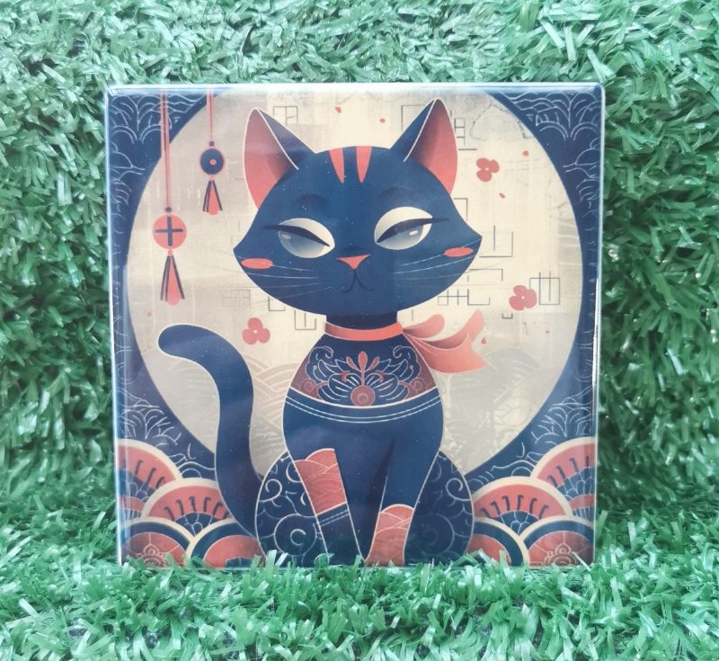 Colourful, Vibrant, Oriental Cat Ceramic Coaster 100mm Square