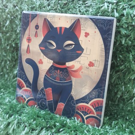 Colourful, Vibrant, Oriental Cat Ceramic Coaster 100mm Square