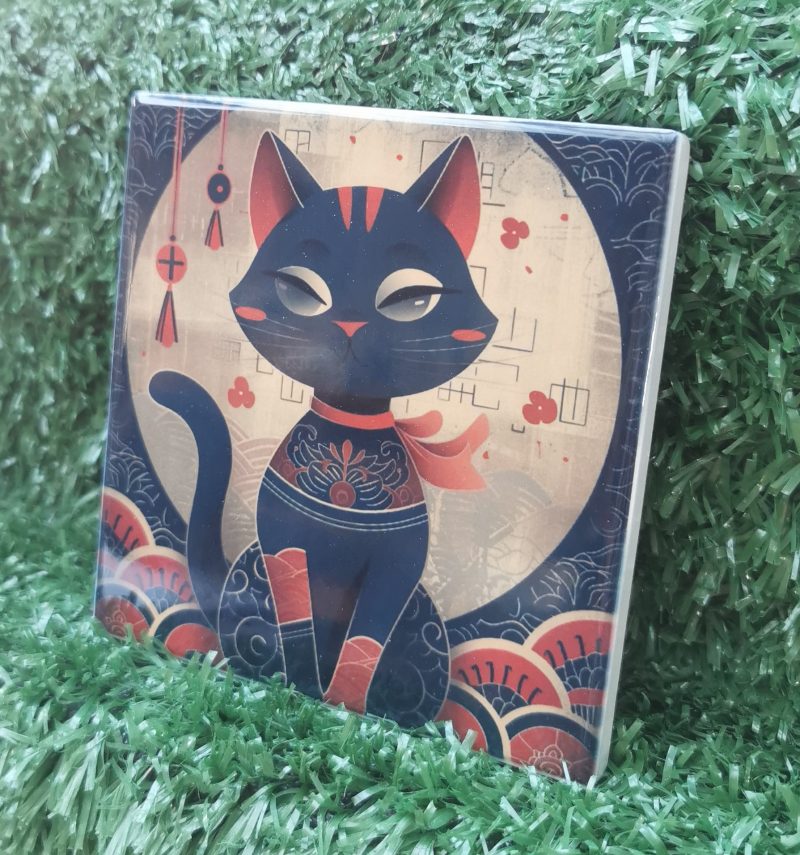 Colourful, Vibrant, Oriental Cat Ceramic Coaster 100mm Square
