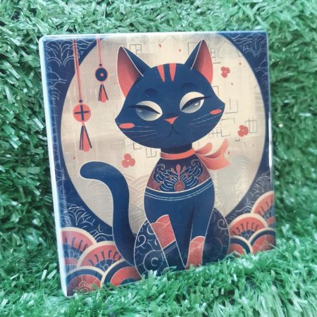 Colourful, Vibrant, Oriental Cat Ceramic Coaster 100mm Square