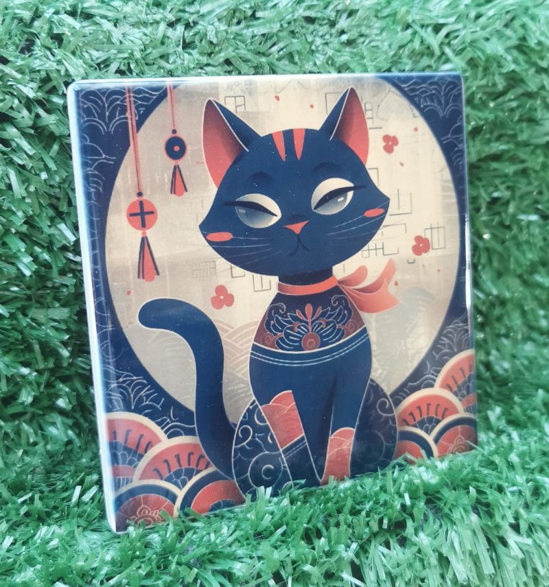 Colourful, Vibrant, Oriental Cat Ceramic Coaster 100mm Square