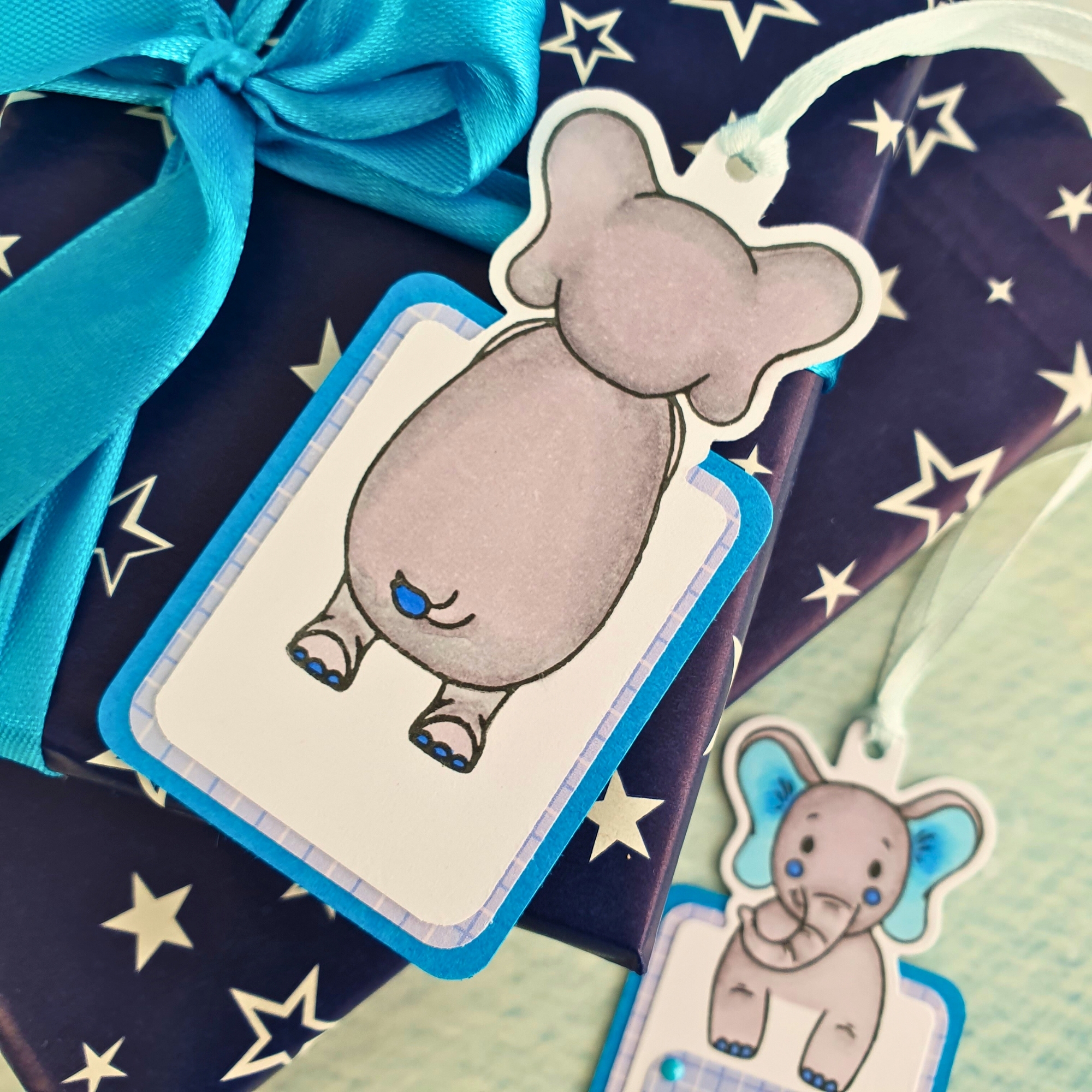 Elephant Gift Tags In Blue & Purple With Ribbon - Set Of Three (3) Animal Themed Gift Tags