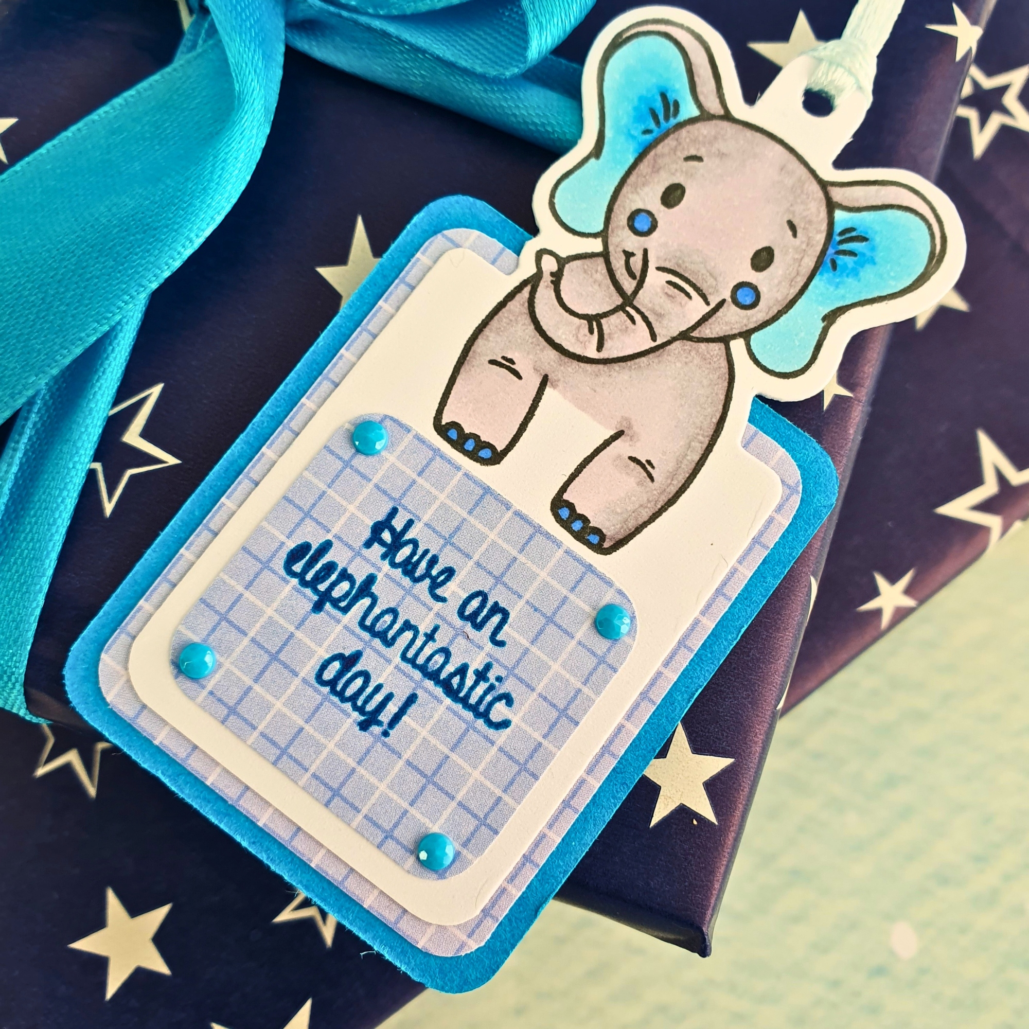 Elephant Gift Tags In Blue & Purple With Ribbon - Set Of Three (3) Animal Themed Gift Tags