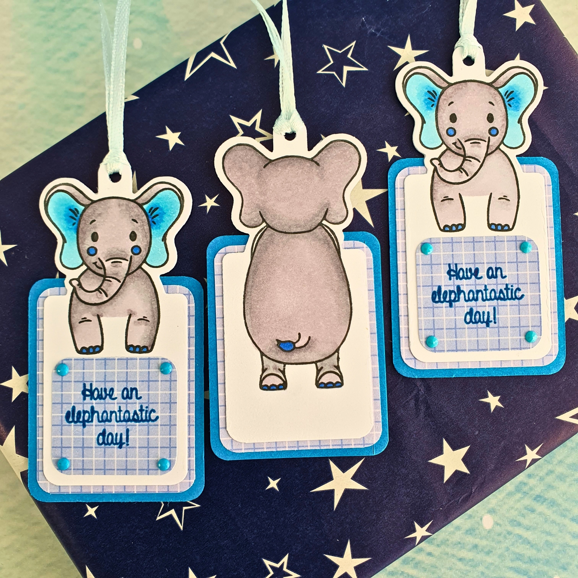 Elephant Gift Tags In Blue & Purple With Ribbon - Set Of Three (3) Animal Themed Gift Tags