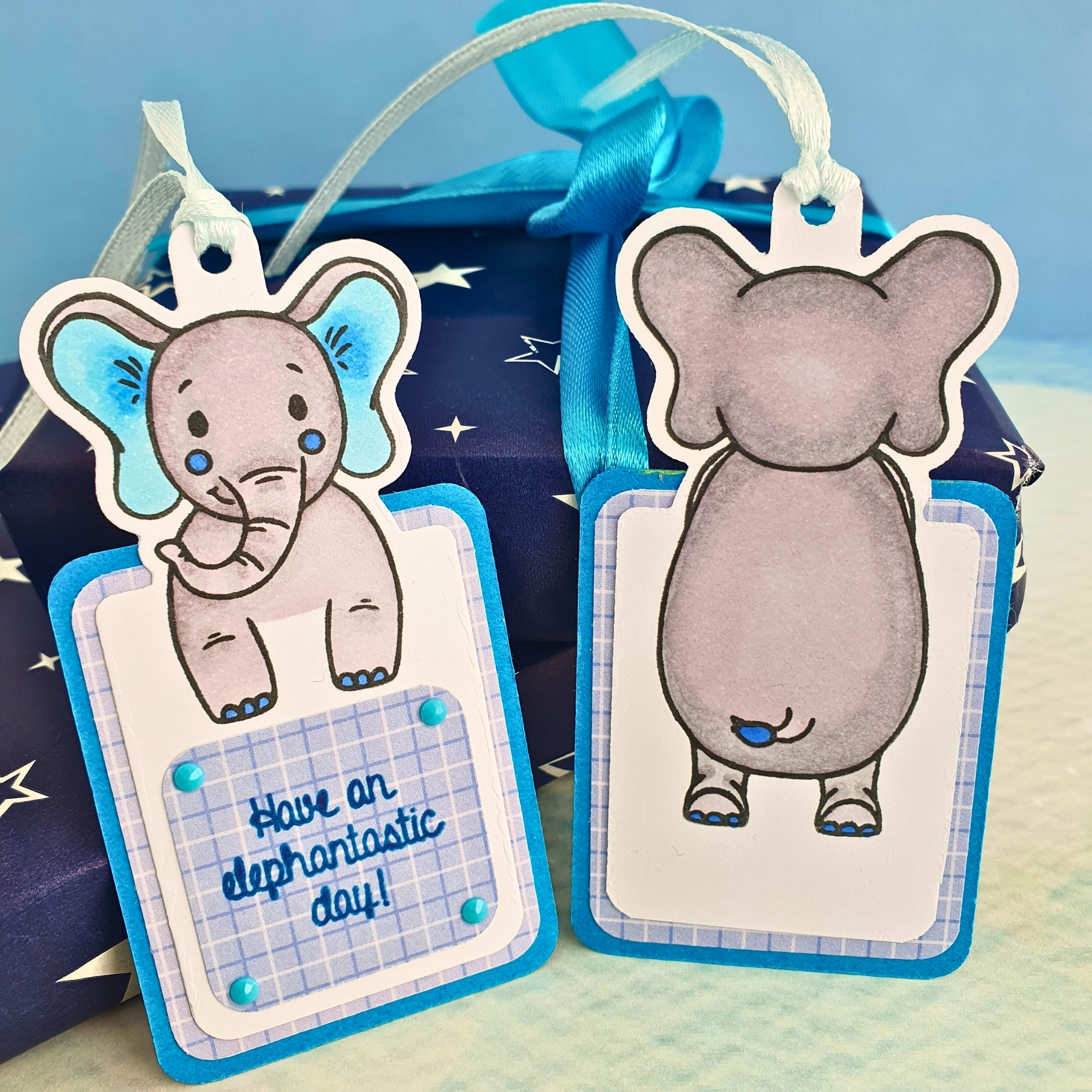Elephant Gift Tags In Blue & Purple With Ribbon - Set Of Three (3) Animal Themed Gift Tags