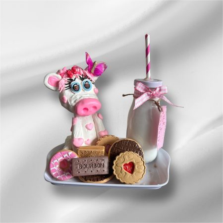 Handmade unique Pink and White Cow with Milk and Biscuits made of Clay
