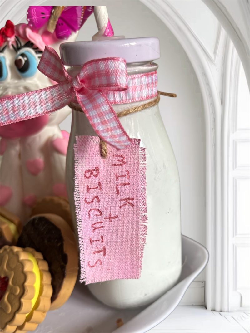 Handmade unique Pink and White Cow with Milk and Biscuits made of Clay