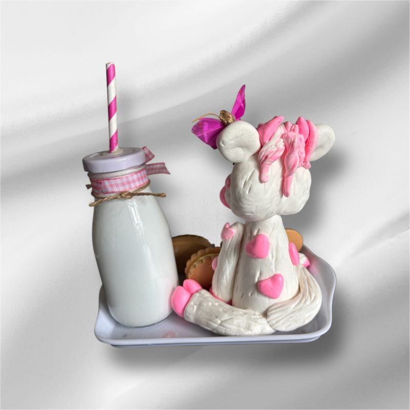Handmade unique Pink and White Cow with Milk and Biscuits made of Clay