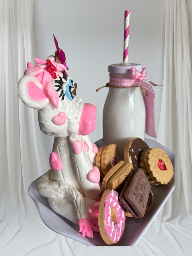 Handmade unique Pink and White Cow with Milk and Biscuits made of Clay