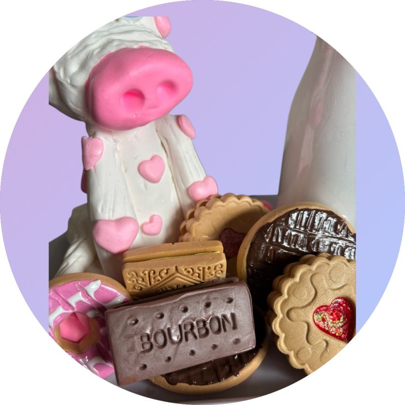 Handmade unique Pink and White Cow with Milk and Biscuits made of Clay