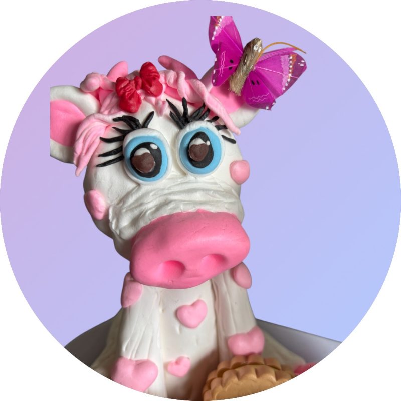 Handmade unique Pink and White Cow with Milk and Biscuits made of Clay