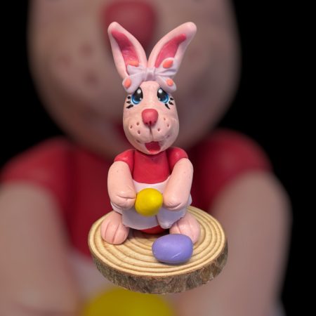 Handmade Clay Cute Rabbit on Wooden Slice