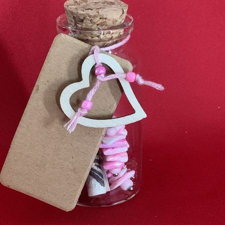 Sterling silver earrings and necklace set with pink shells inside a message in a bottle