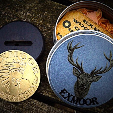 Exmoor National Park DEEP Engraved Brass Coin Wood Stand GIFT Box Screw Lid