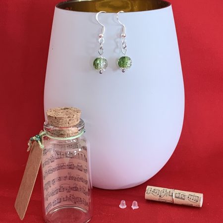 Sterling silver earrings with green crackled glass beads inside a message in a bottle