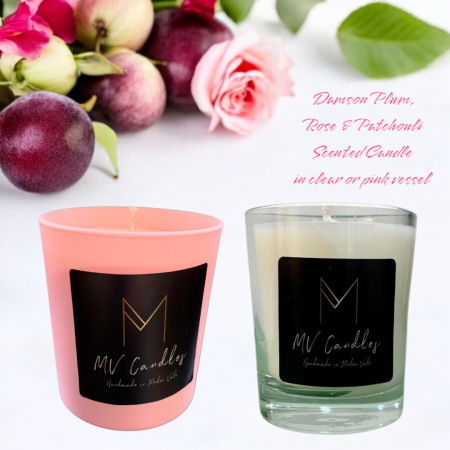 Damson Plum, Rose and Patchouli 220 gram Scented Candle in a Glass Container