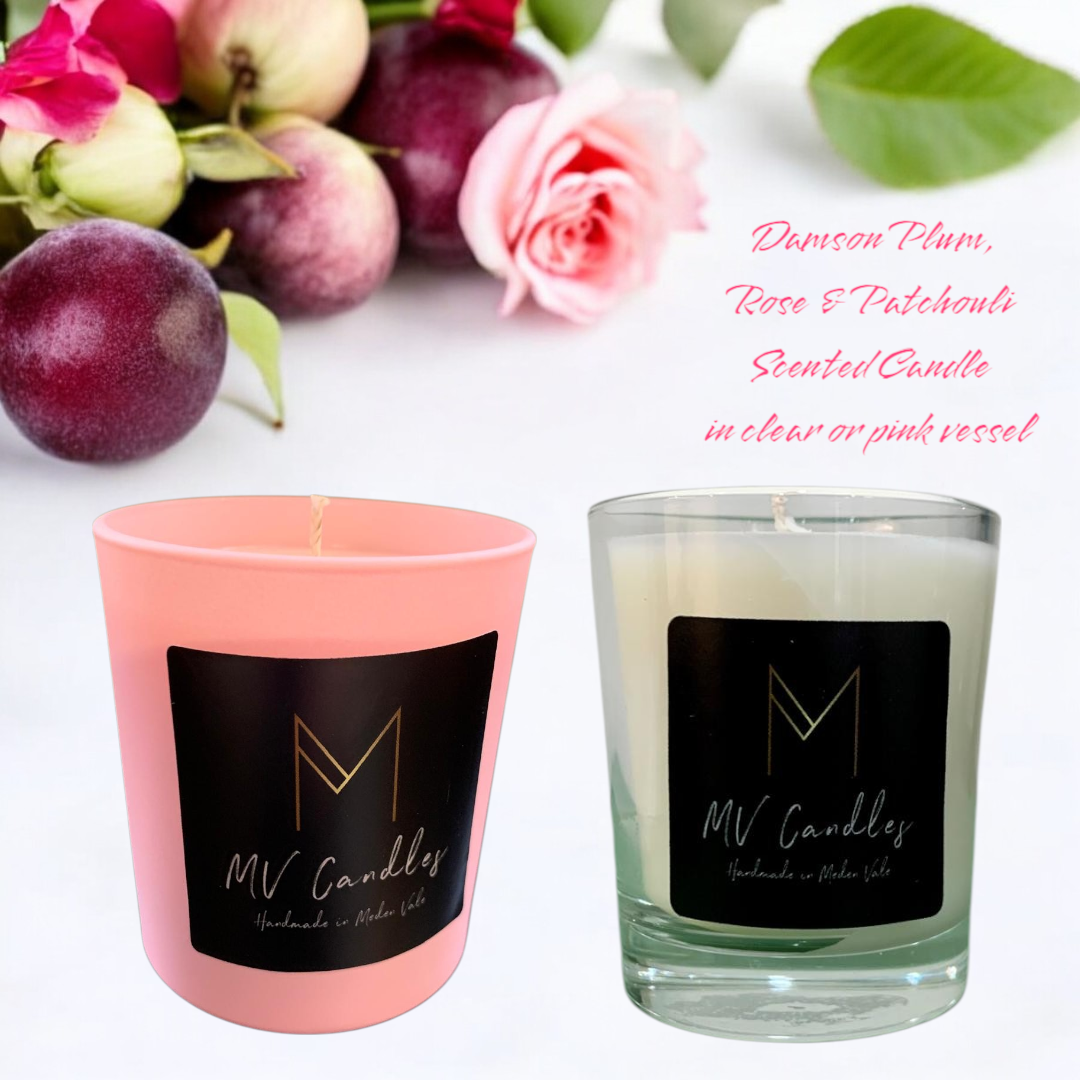 Damson Plum, Rose and Patchouli 220 gram Scented Candle in a Glass Container