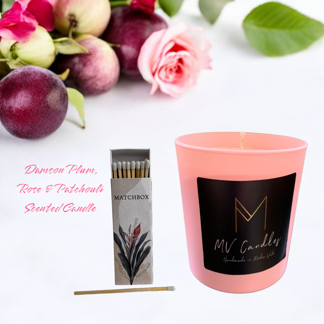 Damson Plum, Rose and Patchouli 220 gram Scented Candle in a Glass Container