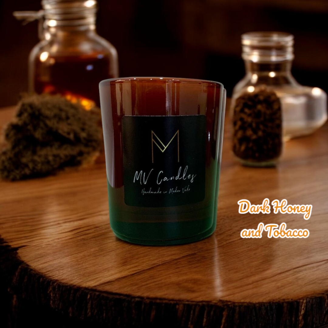 Dark Honey and Tobacco 220 gram Scented Candle in a Glass Container