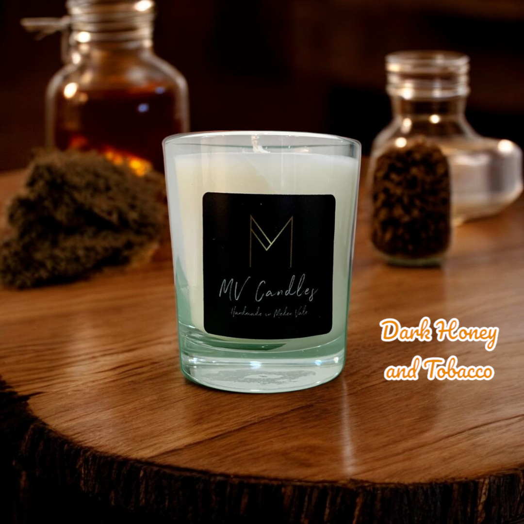 Dark Honey and Tobacco 220 gram Scented Candle in a Glass Container