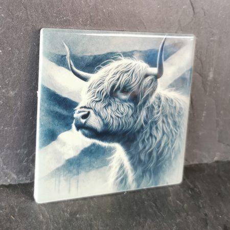 Highland Cow with Scottish Flag Ceramic Coaster, Gift, gift ideas, present