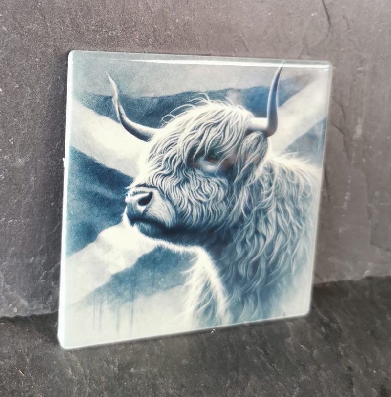 Highland Cow with Scottish Flag Ceramic Coaster, Gift, gift ideas, present