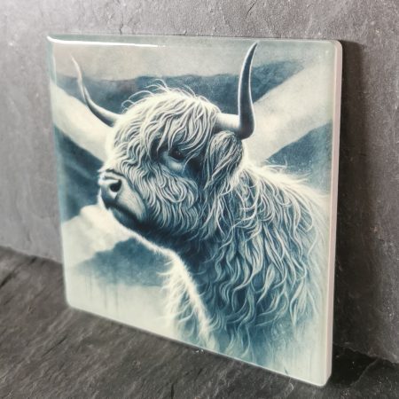 Highland Cow with Scottish Flag Ceramic Coaster, Gift, gift ideas, present