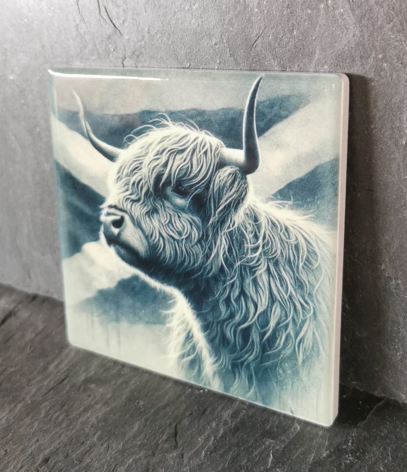 Highland Cow with Scottish Flag Ceramic Coaster, Gift, gift ideas, present