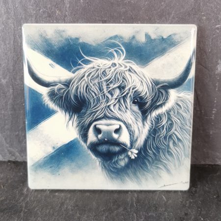 Highland Cow with Scottish Flag Ceramic Coaster, Gift, gift ideas, present