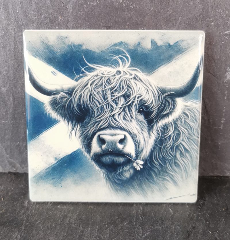 Highland Cow with Scottish Flag Ceramic Coaster, Gift, gift ideas, present