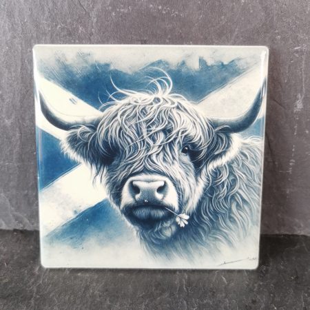 Highland Cow with Scottish Flag Ceramic Coaster, Gift, gift ideas, present
