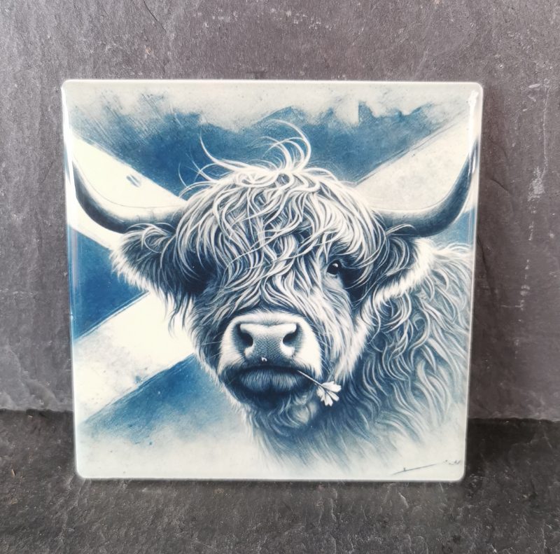 Highland Cow with Scottish Flag Ceramic Coaster, Gift, gift ideas, present